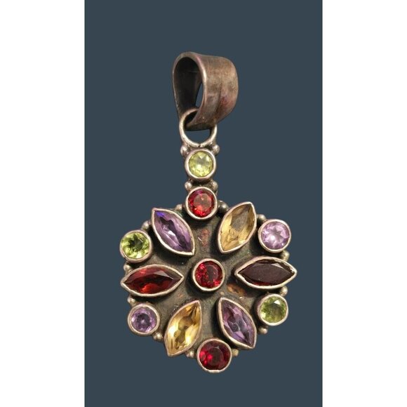 Vintage Multi-Gemstone Pendant With 925 Sterling Silver Amethyst Garnet Citrine - Picture 2 of 7